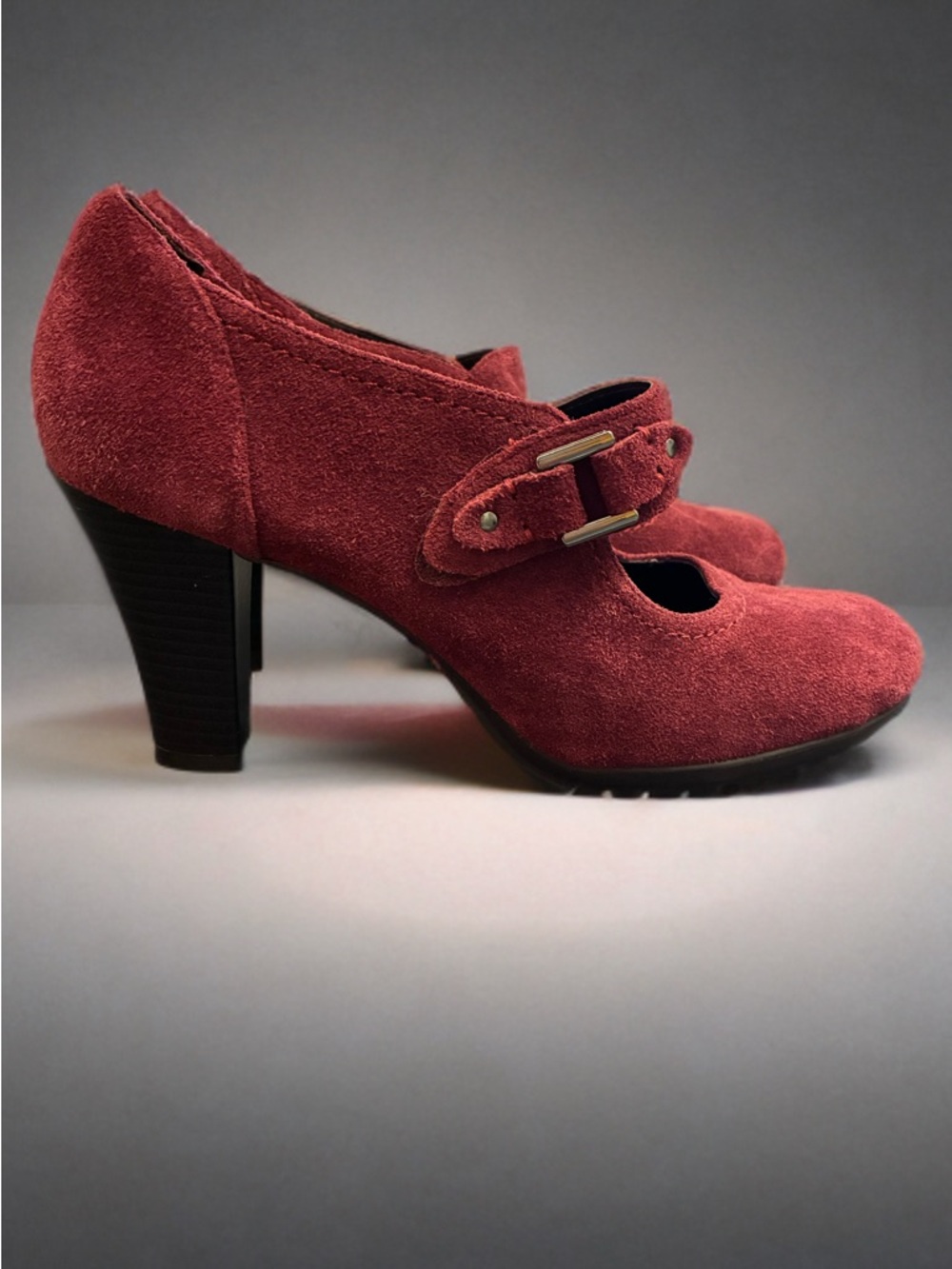 AEROSOLES Burgundy Suede Mary Jane Heels with Buckle